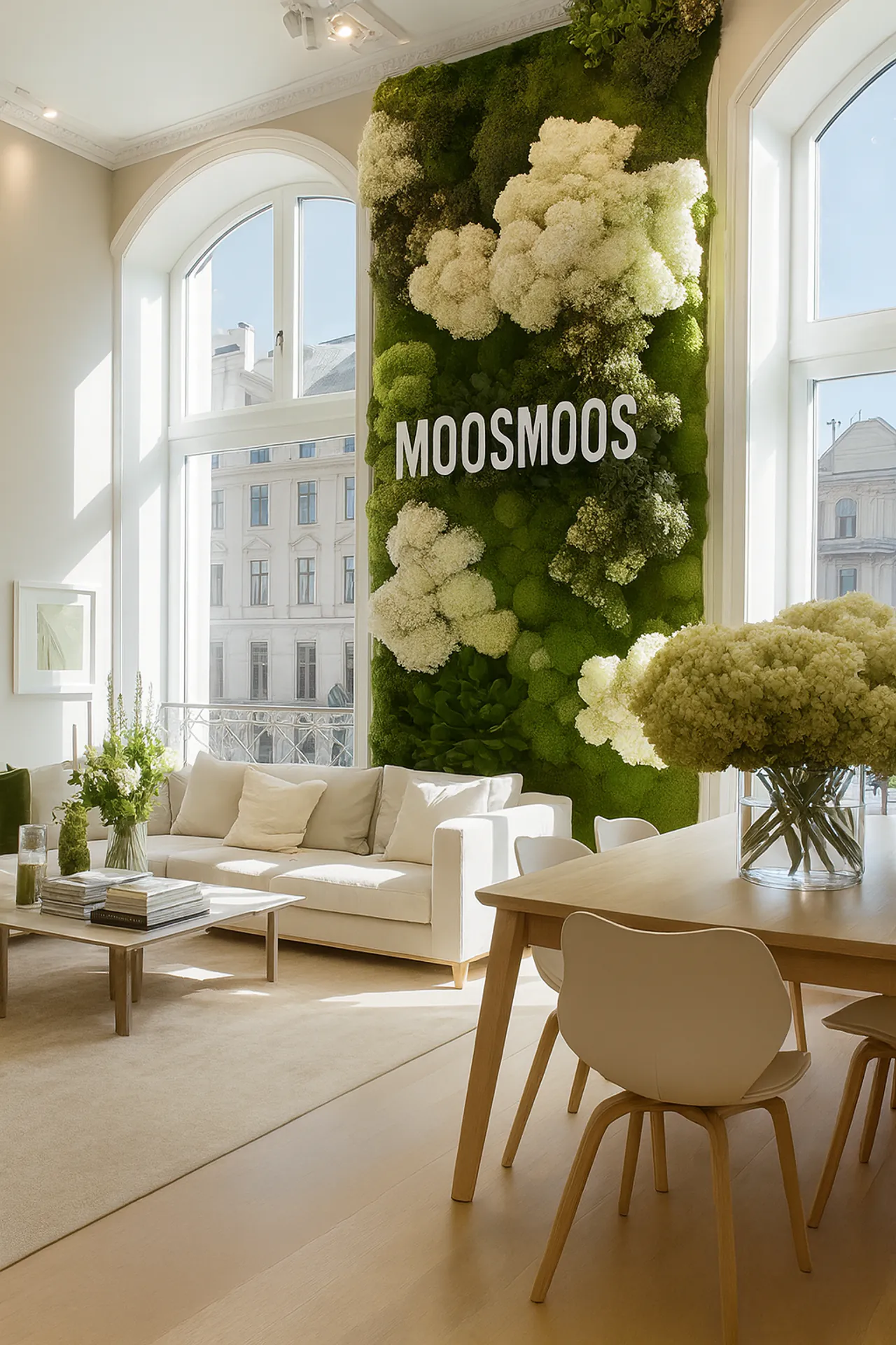 Pared vegetal «Modern Wohnzimmer Skyline» — Decoración vegetal para paredes de MOOSMOOS