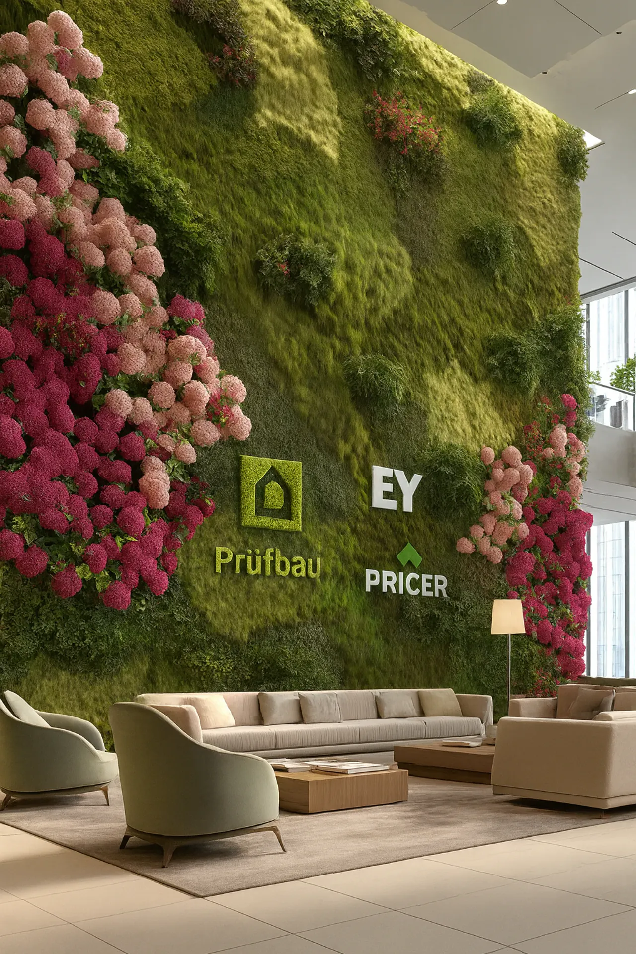 Muro de flores, vestíbulo corporativo, edificio de pruebas Ey Pricer — Muro vegetal de MOOSMOOS
