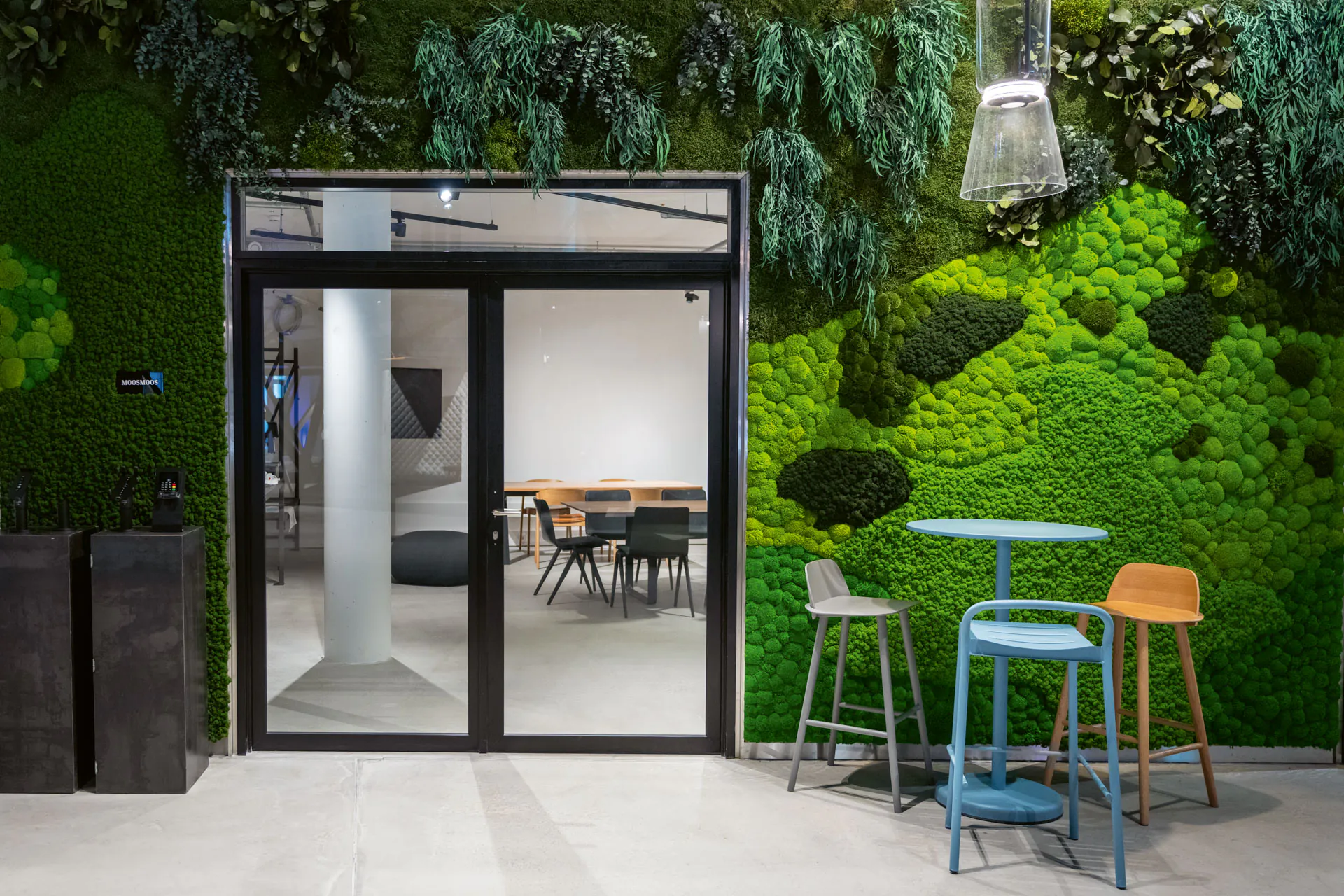 pared de musgo en la recepción de la oficina — diseño de paredes con musgo natural
