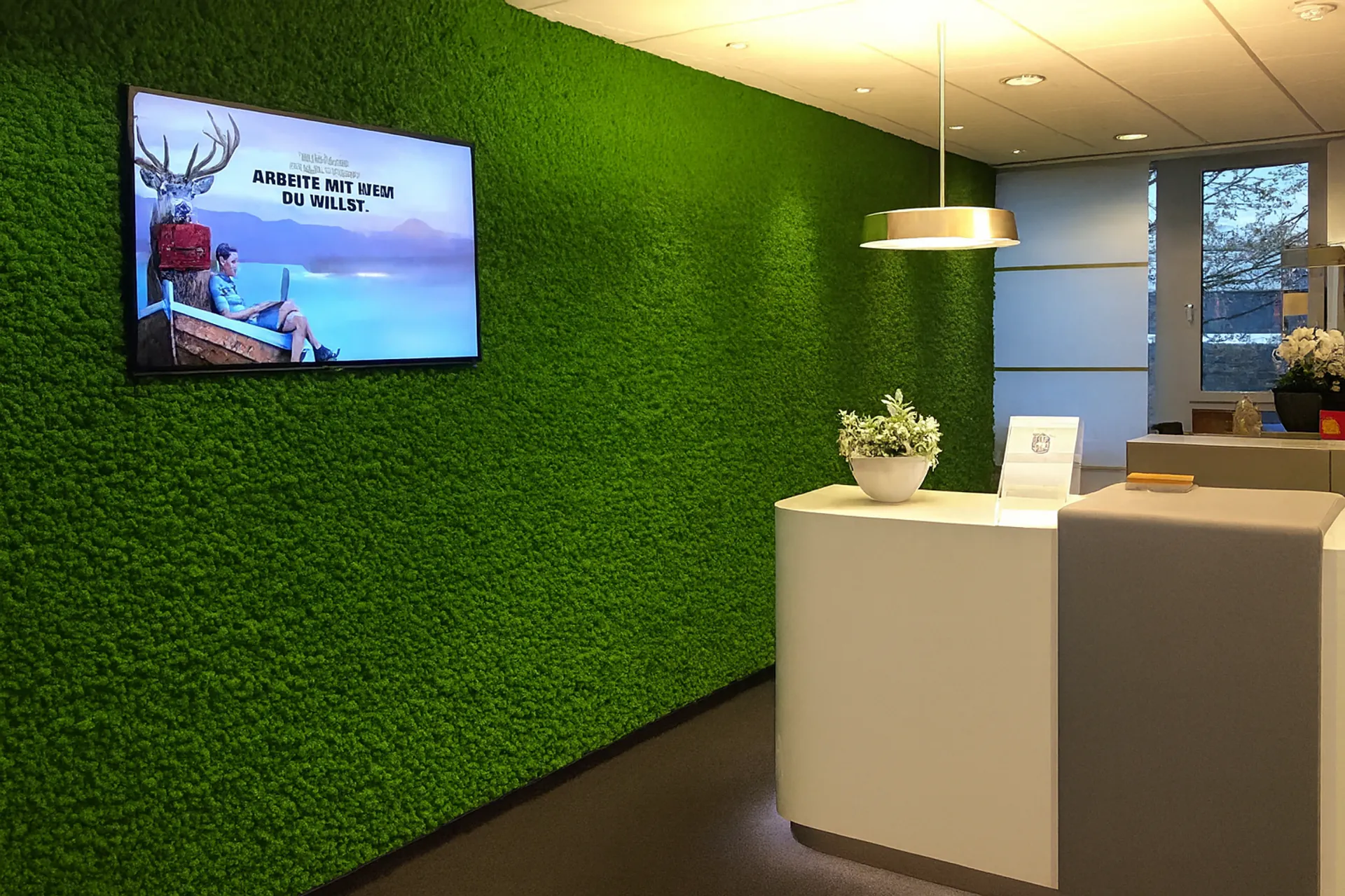 Pared de musgo en la recepción de una oficina moderna — Vegetación mural de MOOSMOOS