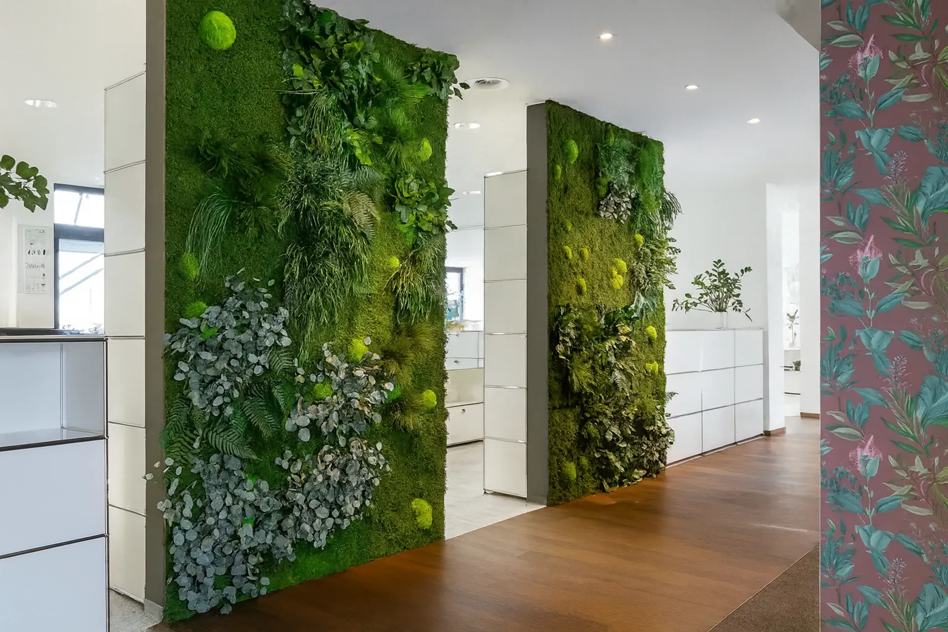 Pared de musgo en un pasillo de oficinas moderno — Decoración vegetal para paredes de MOOSMOOS