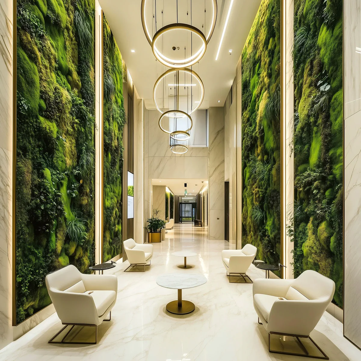 pared de musgo en la recepción de un lobby de hotel de lujo