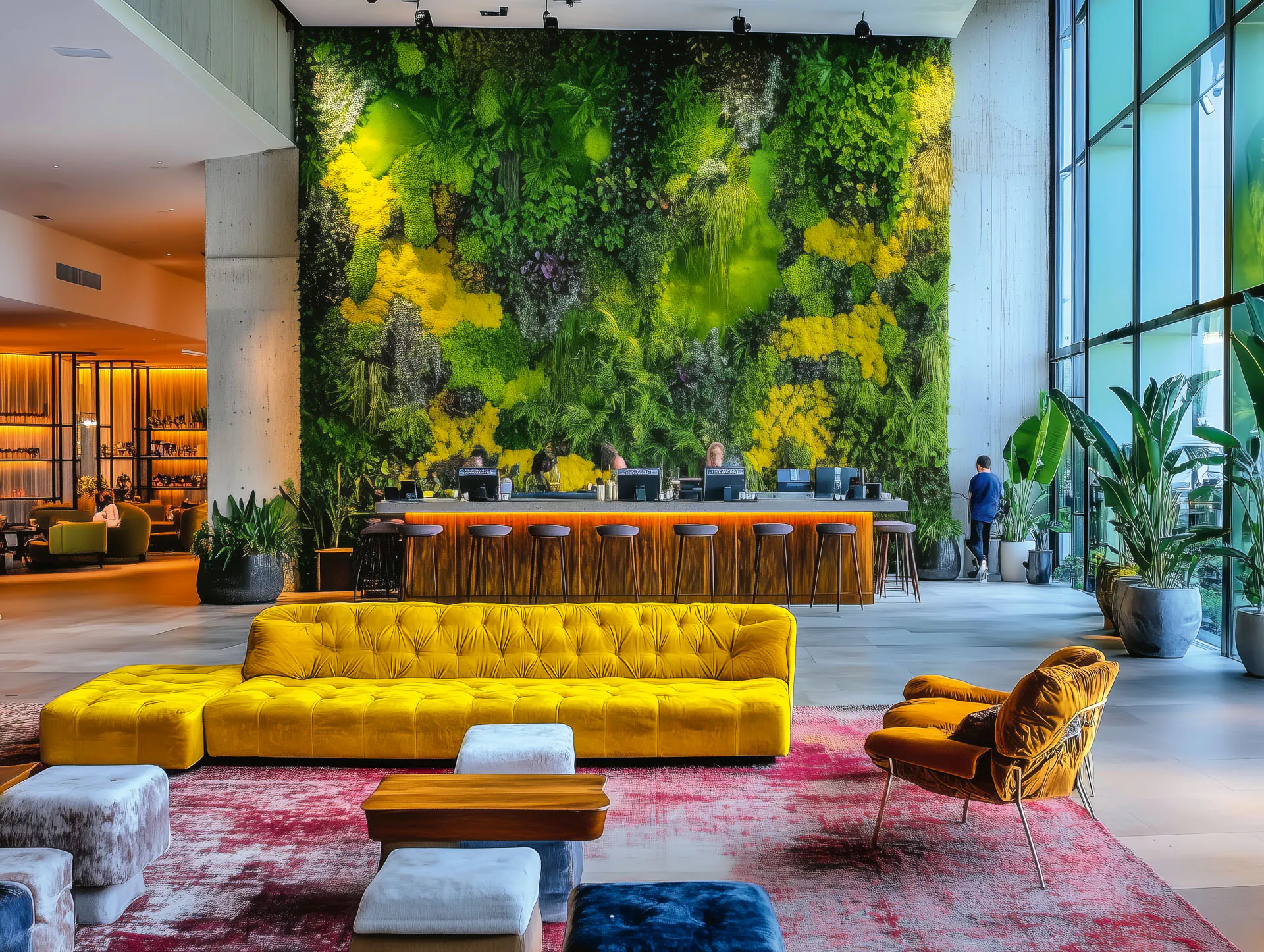 pared de musgo en el lobby del hotel — muro vegetal detrás de la recepción de un hotel de lujo