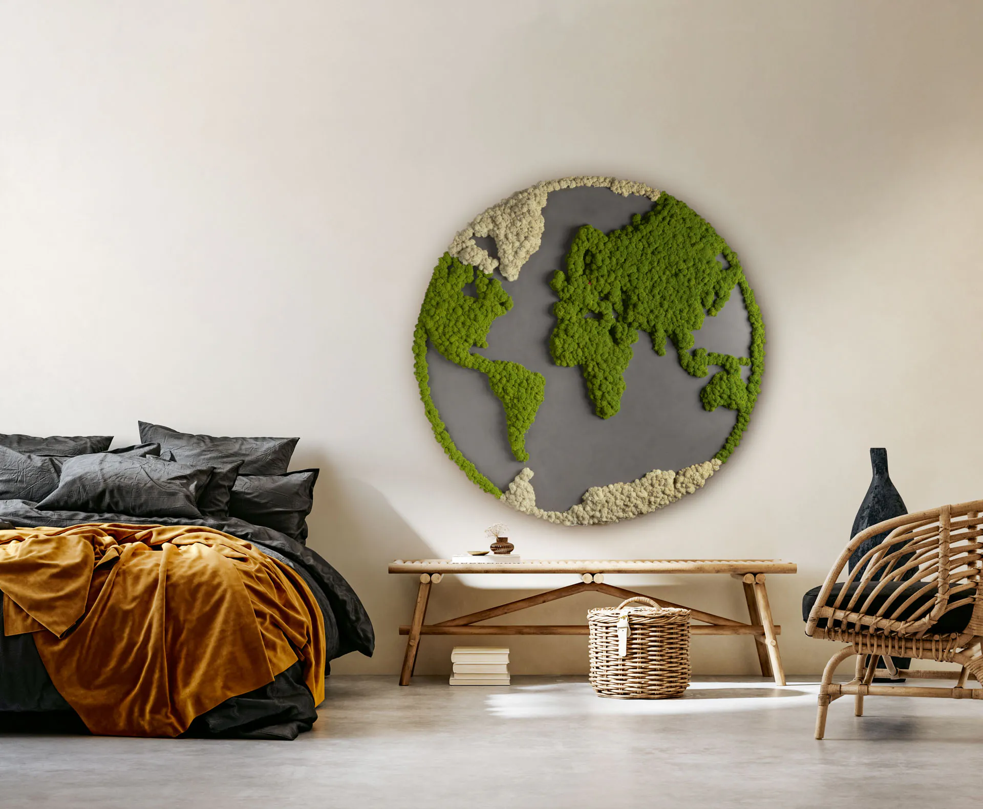 Cuadro de musgo con motivo de mapamundi, elaborado con musgo, como decoración de pared