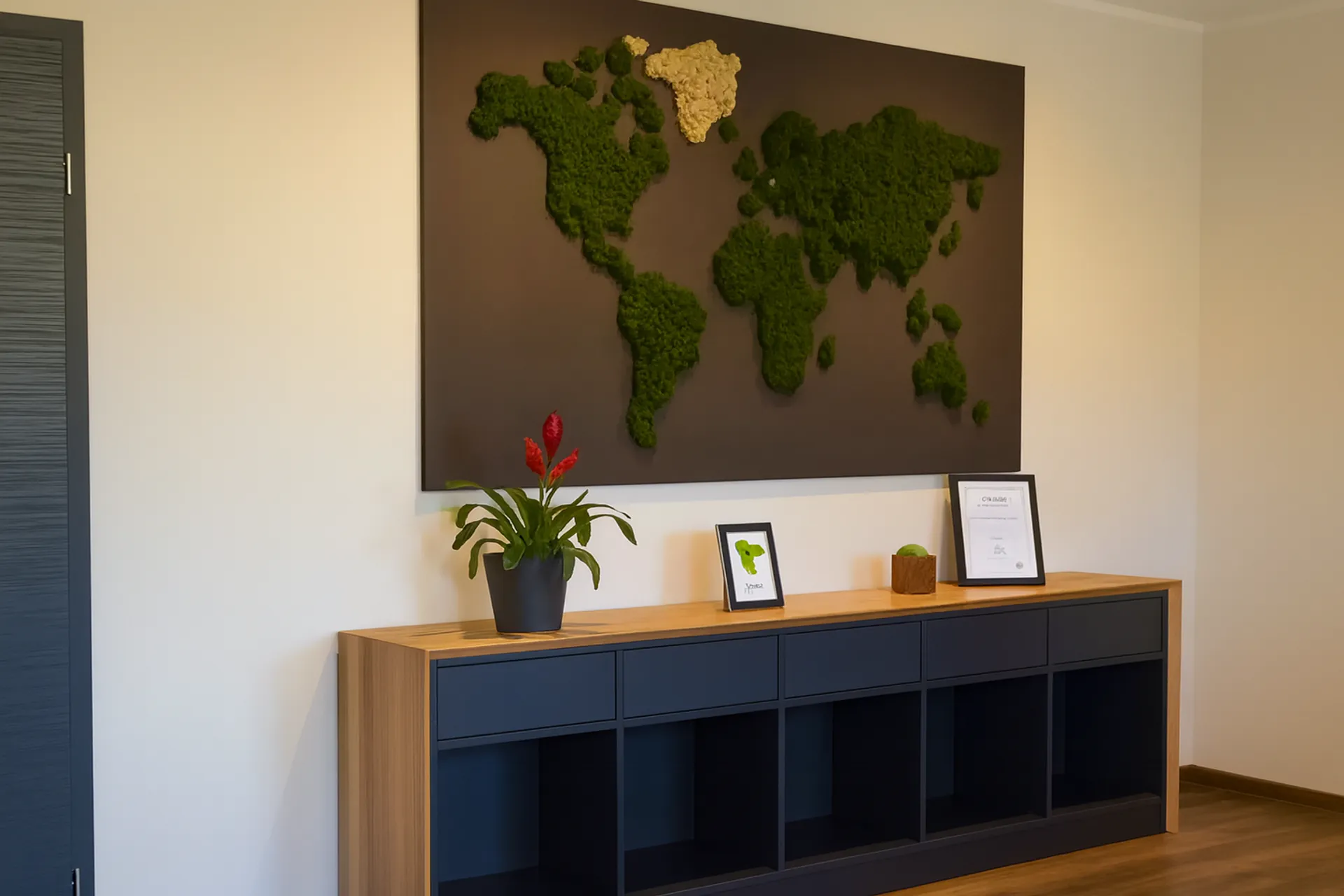 Instalación de mapas del mundo con musgo en la recepción de Bürömpfang — Cuadros de musgo de MOOSMOOS