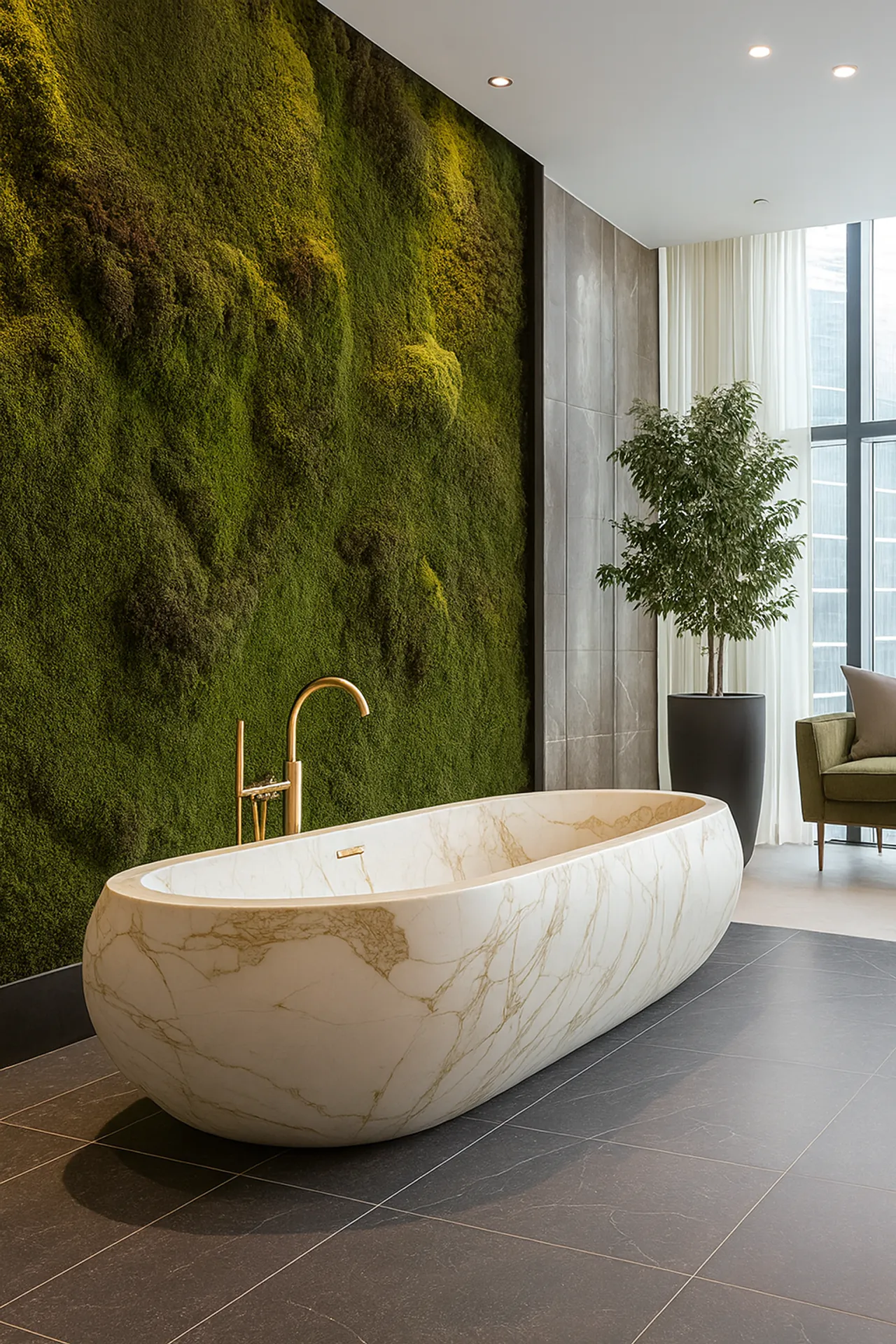 Pared de musgo en el cuarto de baño de un hotel de lujo — Decoración vegetal para paredes de MOOSMOOS