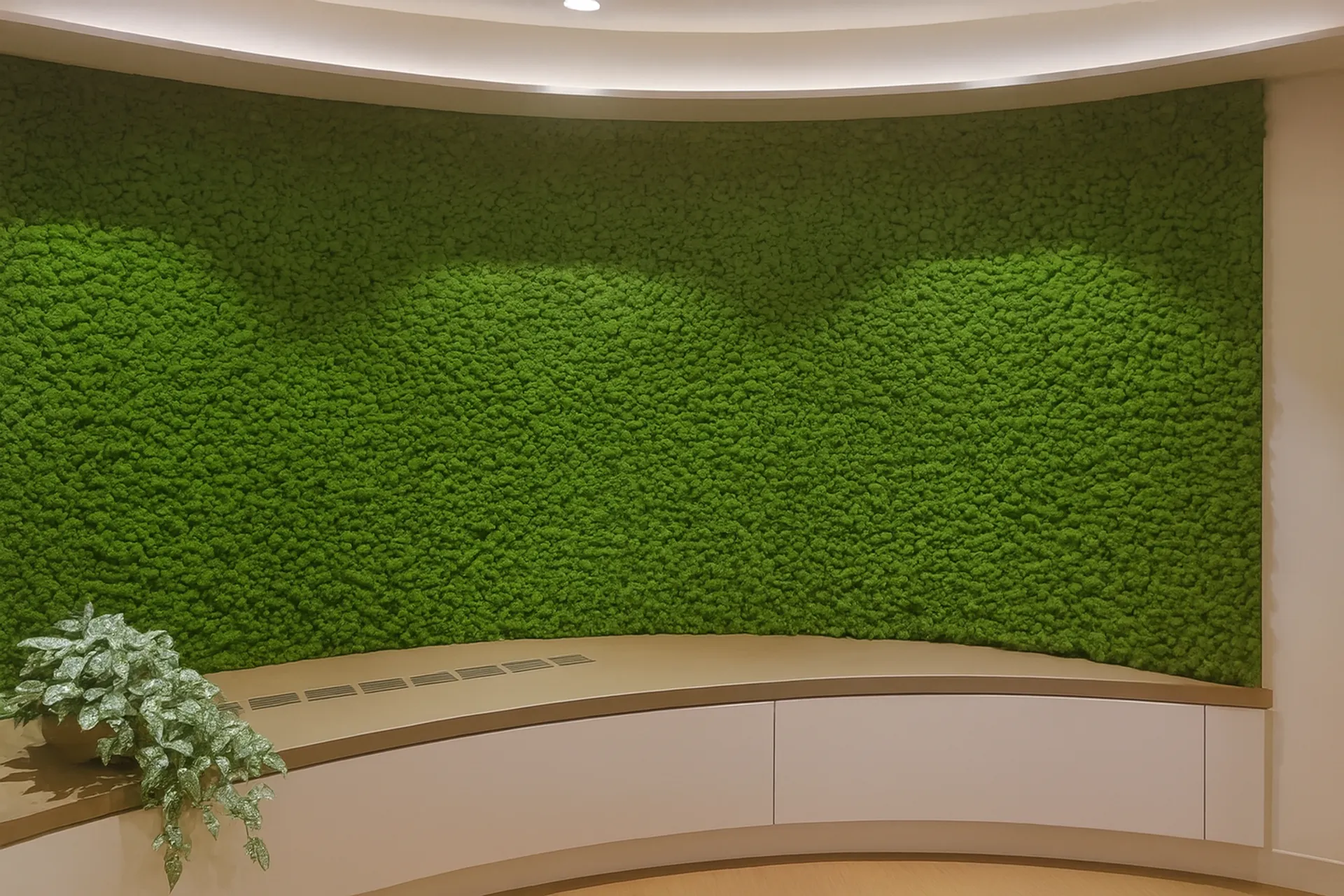 Pared de musgo en la recepción de una oficina: moderna instalación de musgo — Vegetalización de paredes de MOOSMOOS