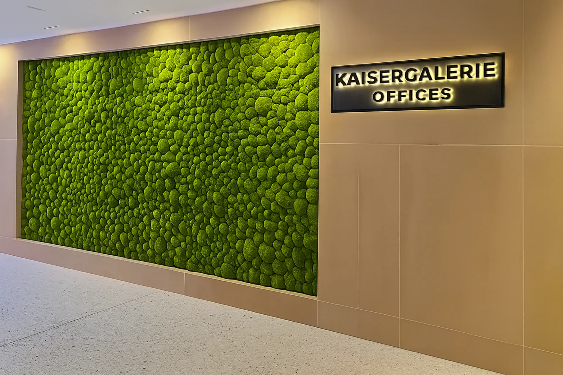 Pared de musgo en la recepción de Kaisergalerie Offices — Instalación de vegetación mural de MOOSMOOS