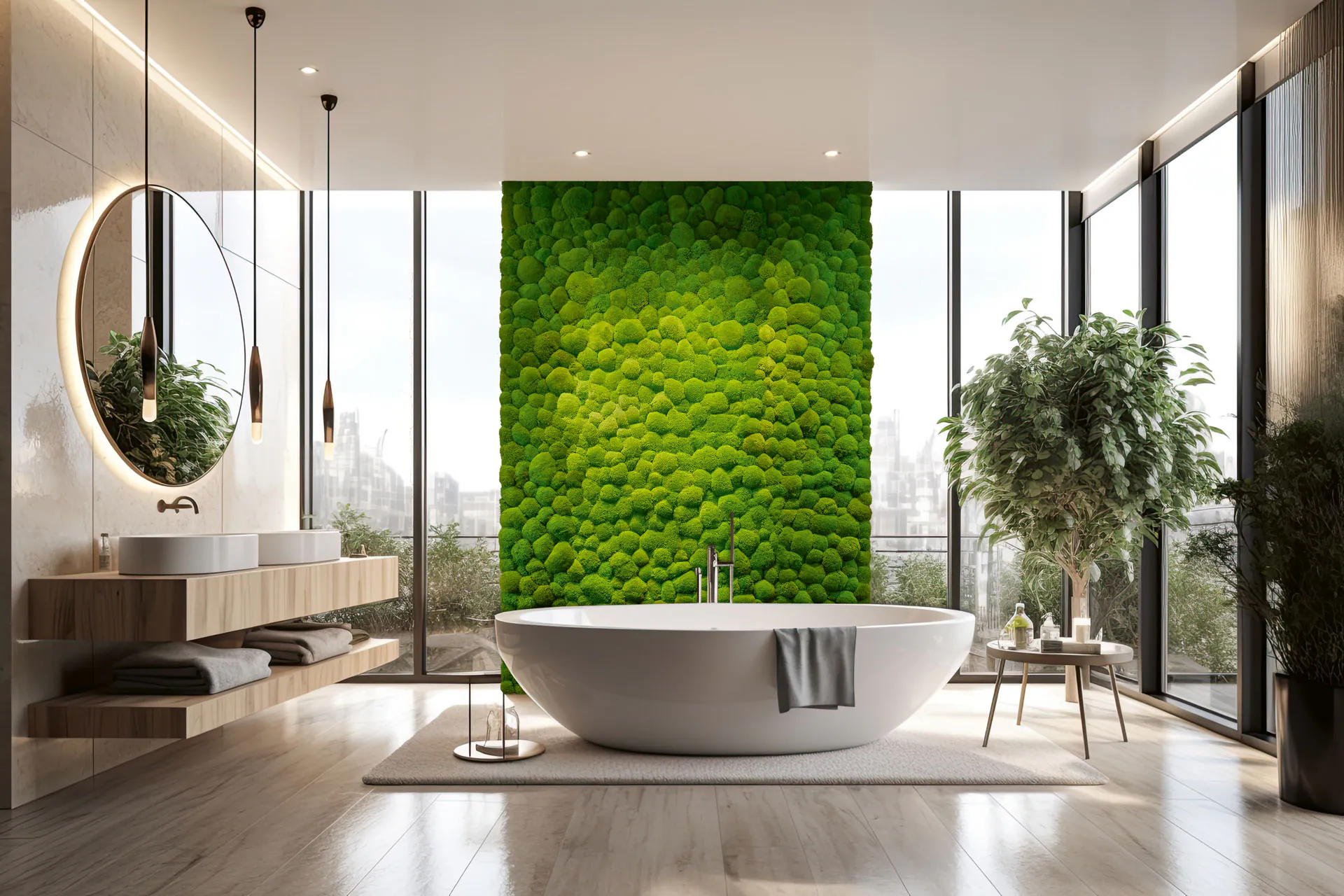 Pared de musgo en el cuarto de baño de lujo de un ático — Decoración vegetal para paredes de MOOSMOOS
