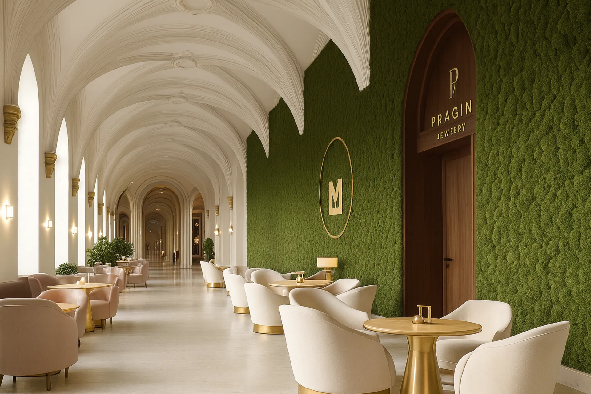 Pared de musgo de lujo en el pasillo y la recepción del hotel — Decoración vegetal para paredes de MOOSMOOS