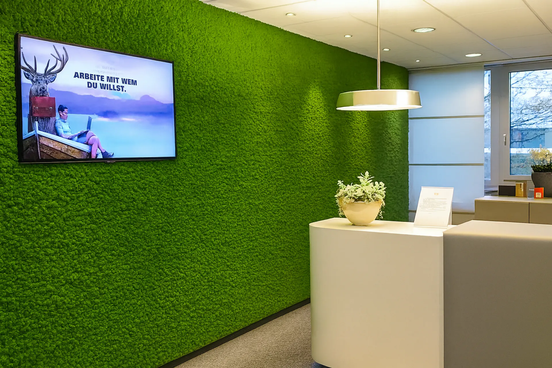 Pared de musgo en la recepción de una oficina moderna — Decoración vegetal para paredes de MOOSMOOS