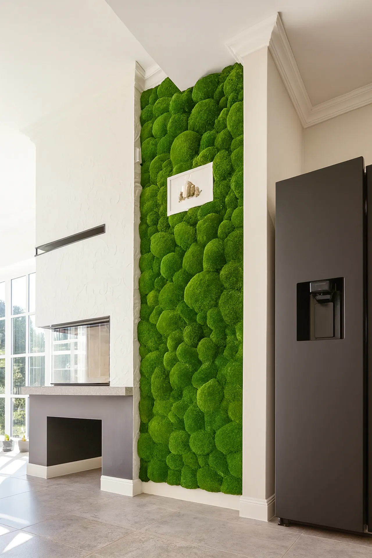 Pared de musgo, cocina moderna, chimenea — Decoración vegetal para paredes de MOOSMOOS