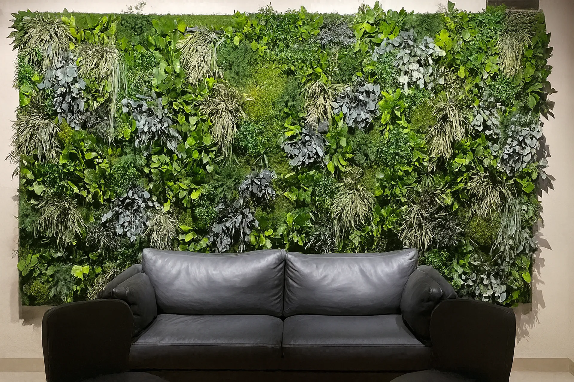 Pared de musgo: salón moderno con sofá — Decoración vegetal para paredes de MOOSMOOS