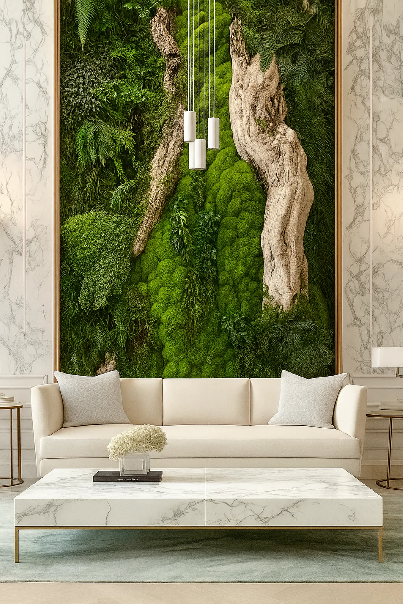 Pared de musgo: salón moderno con tronco natural — Decoración vegetal para paredes de MOOSMOOS