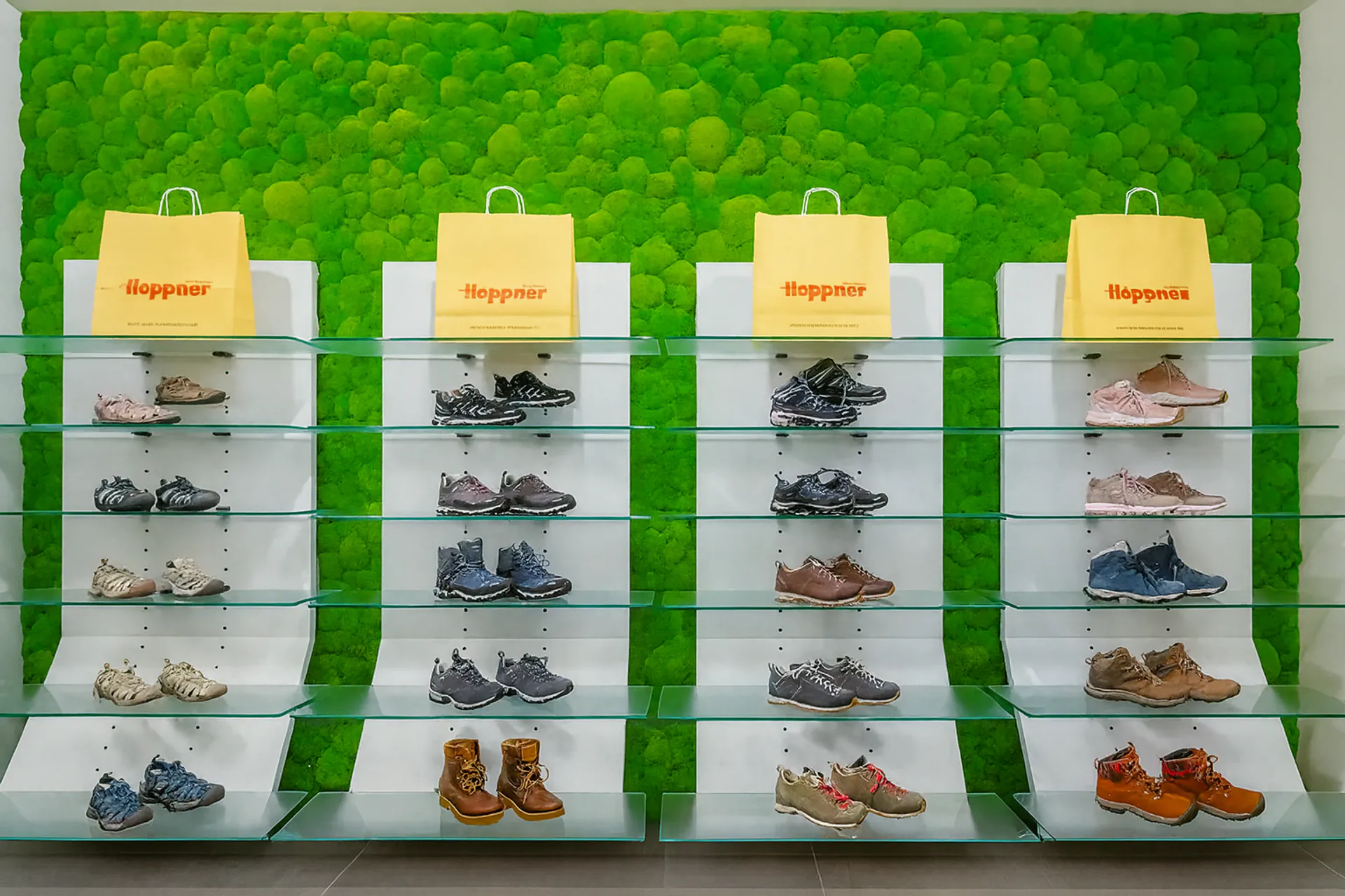 pared de musgo como pared distintiva en la tienda — pared trasera ajardinada detrás del expositor de productos