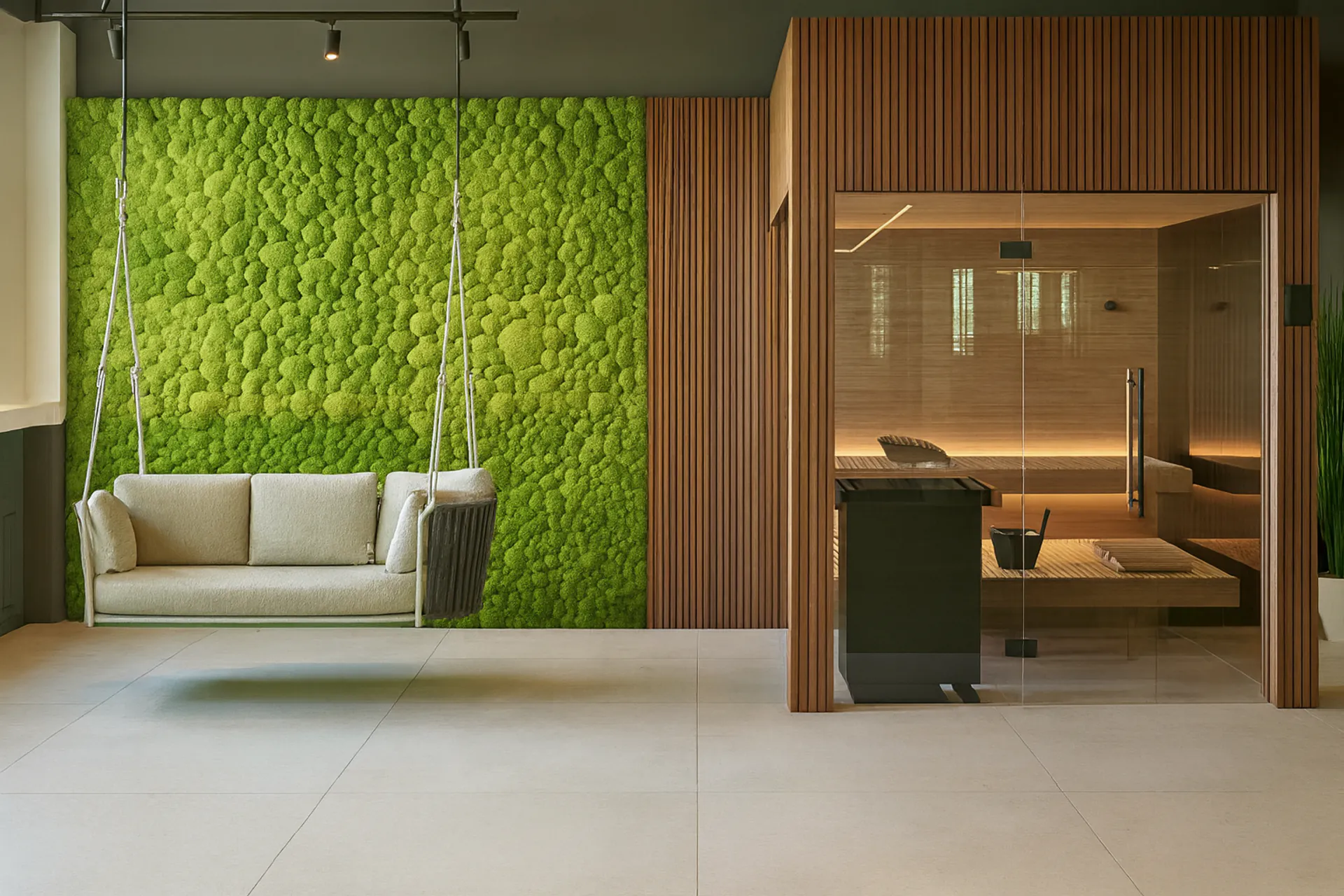 Pared de musgo en la zona de recepción de la sauna de bienestar — Decoración vegetal para paredes de MOOSMOOS