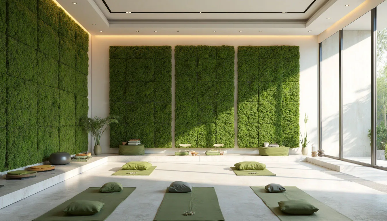 Biophilic design con pared de musgo — sala de meditación en un estudio de yoga