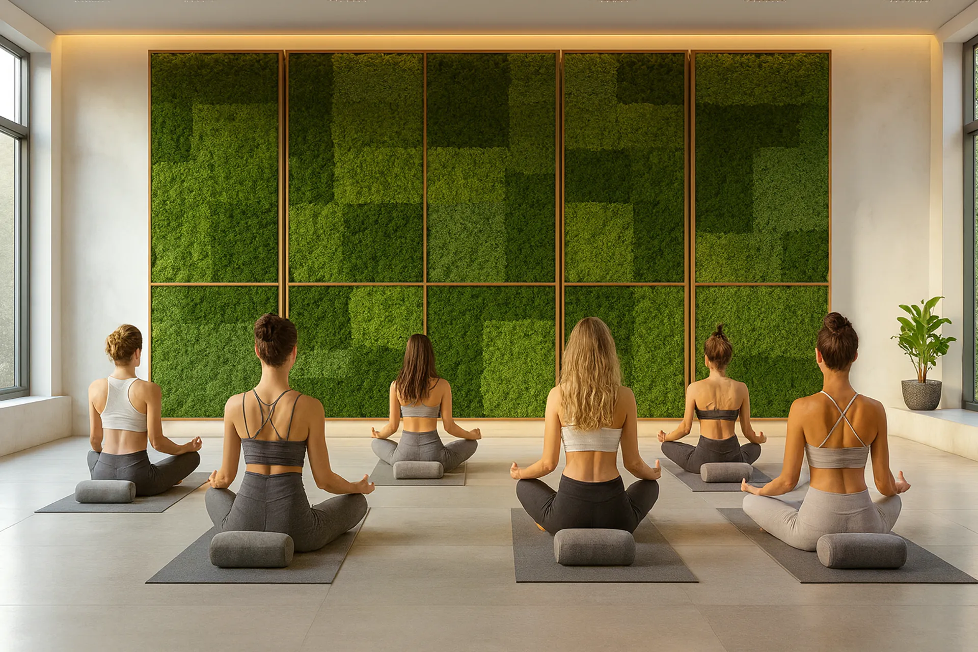 Estudio de yoga con pared de musgo, sala de meditación — Decoración vegetal para paredes de MOOSMOOS