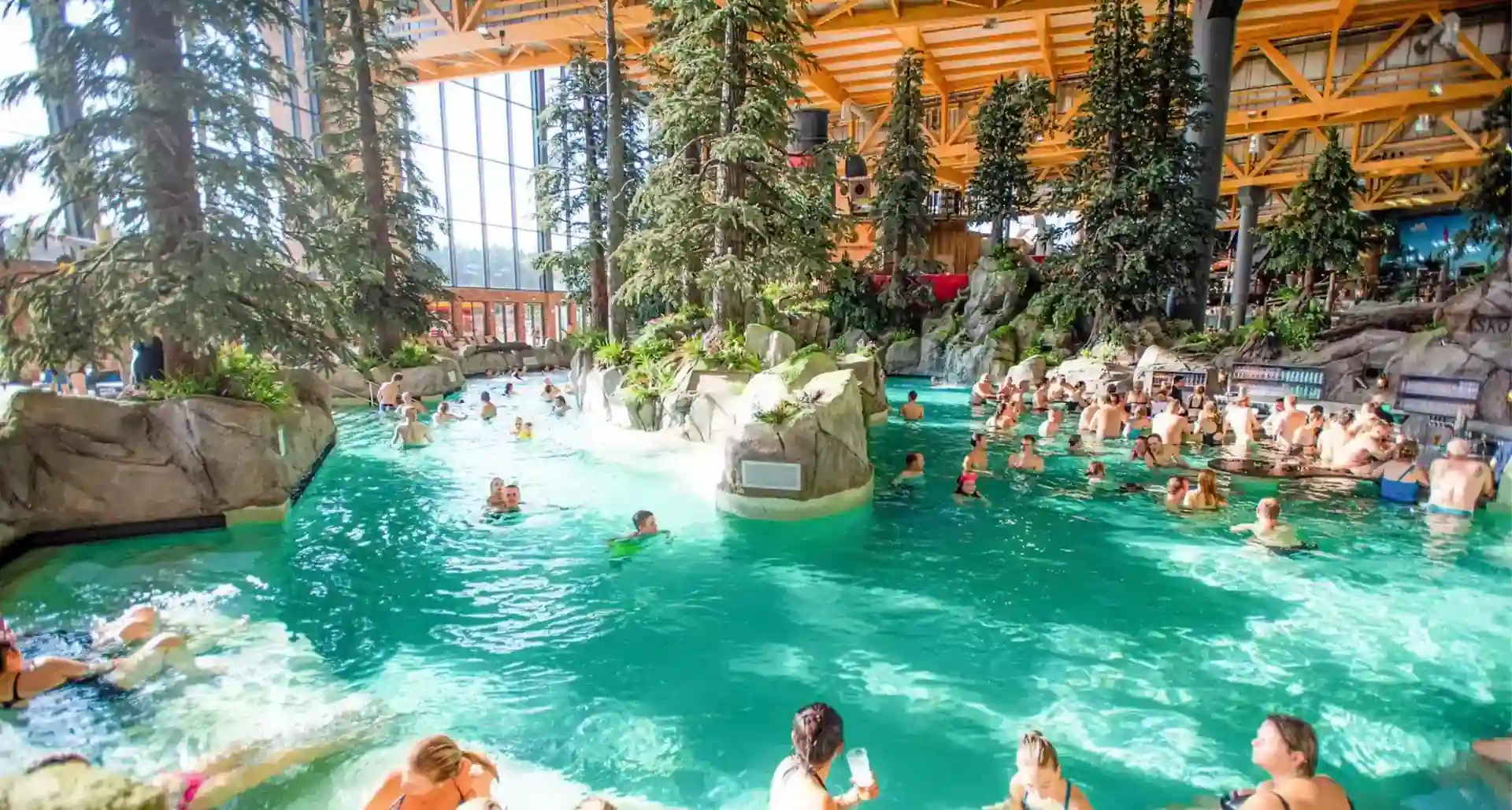 Árbol de coníferas artificial XXL en piscina cubierta — ArtTree apto para ambientes húmedos