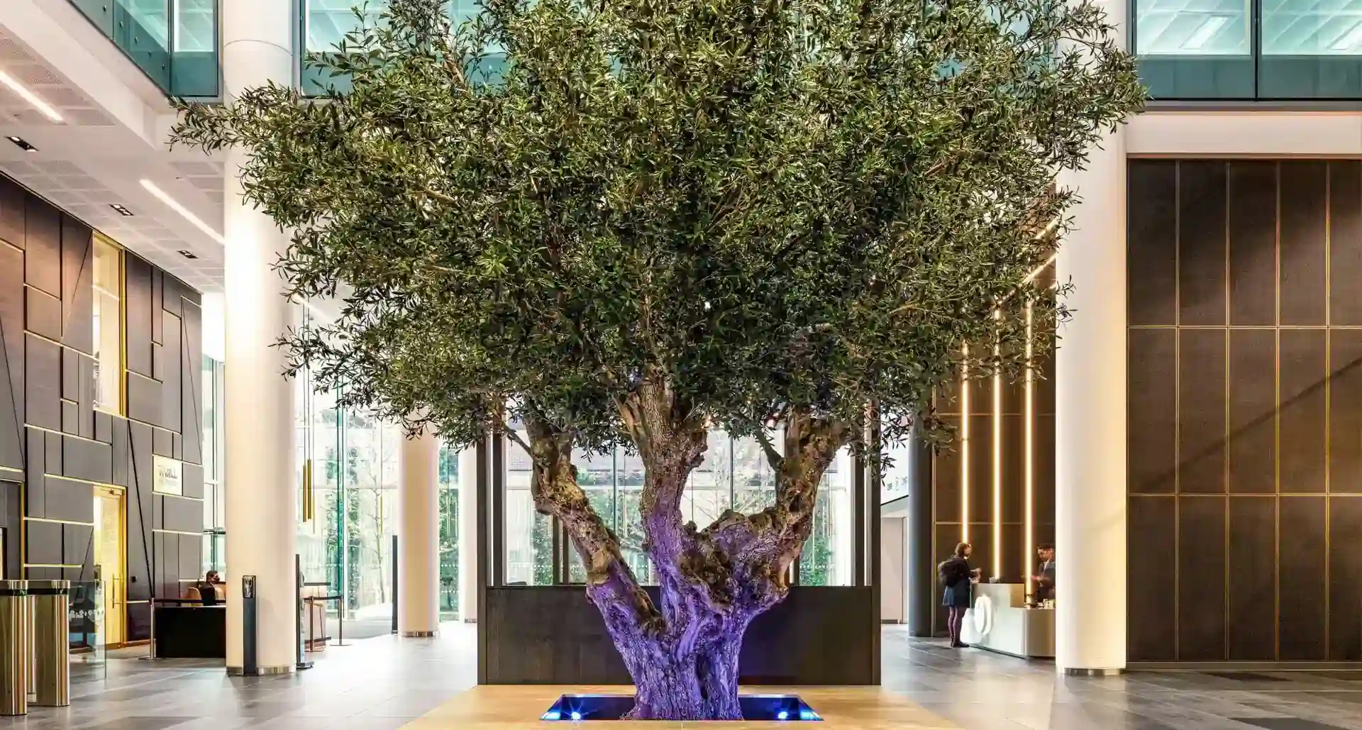 Árbol artificial XXL — un olivo ArtTree engañosamente real en un lobby moderno