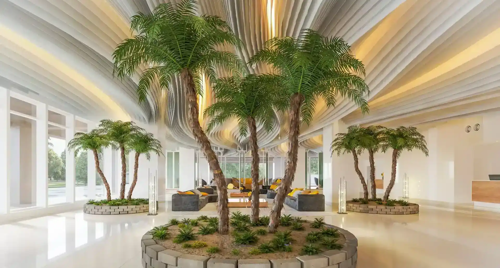 Palmera artificial XXL en un foyer moderno — palmera artificial engañosamente real de ArtTree