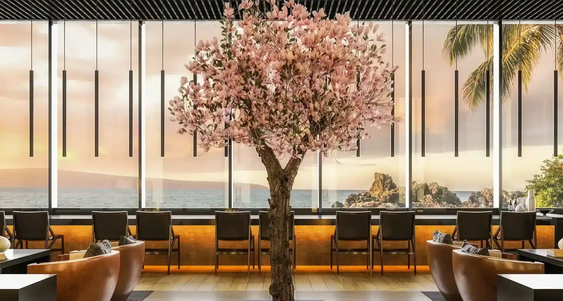 Cerezo en flor artificial XXL en restaurante — árbol en flor de la línea ArtTree Special