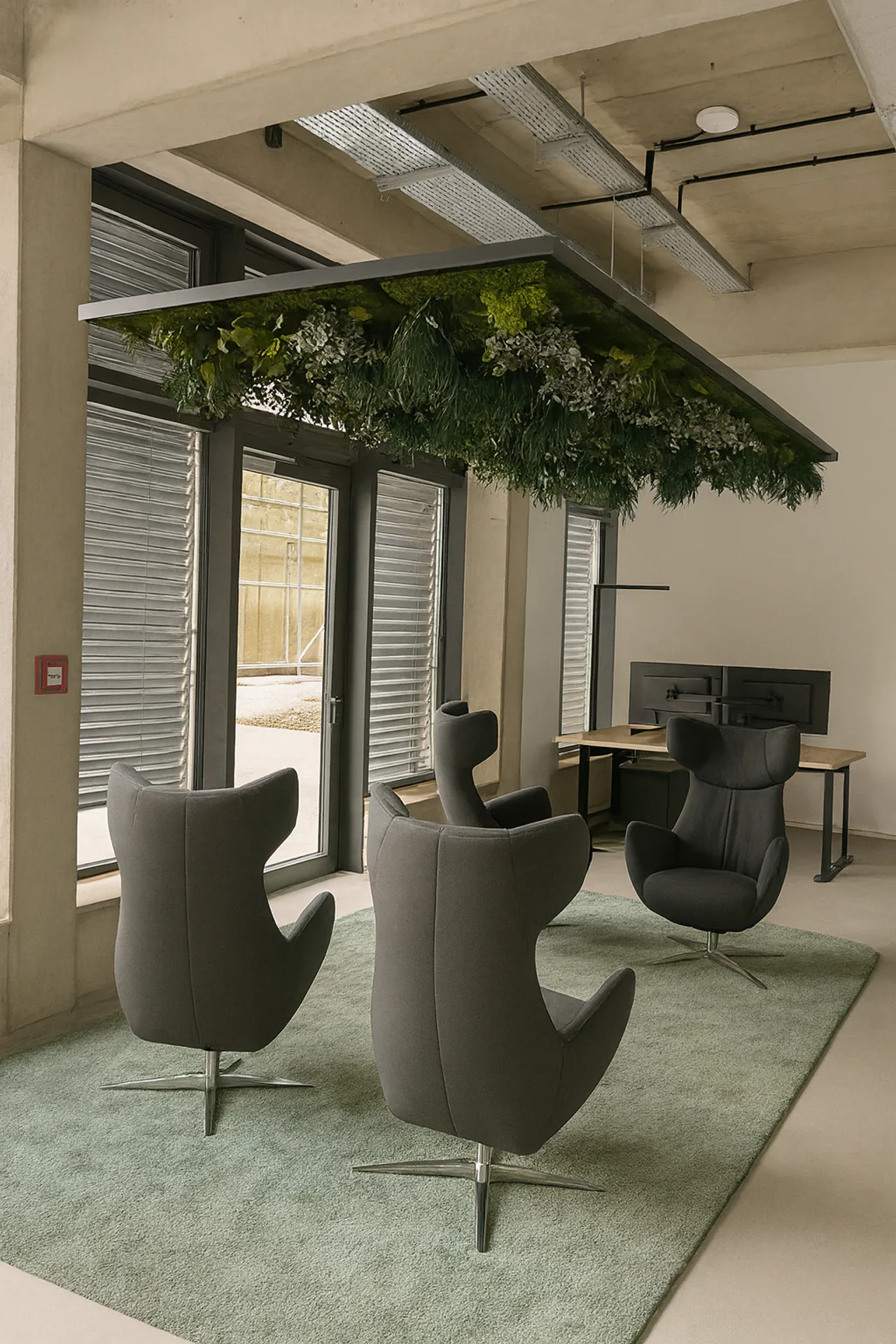 Zona de descanso «Botanical Sky» en la oficina: techo verde — Instalación de vegetación en el techo a cargo de MOOSMOOS