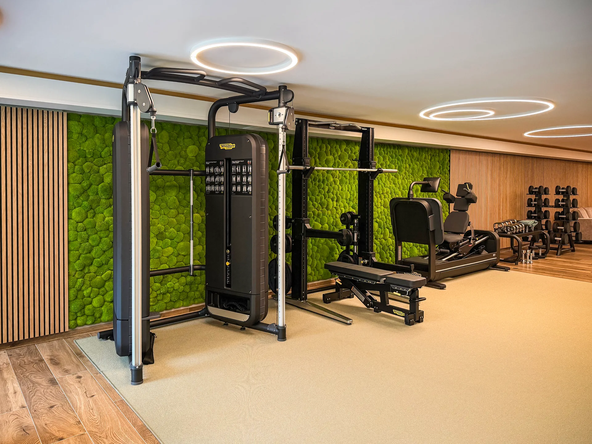 Diseñar gimnasios con musgo — pared de musgo en la zona de entrenamiento de un estudio moderno