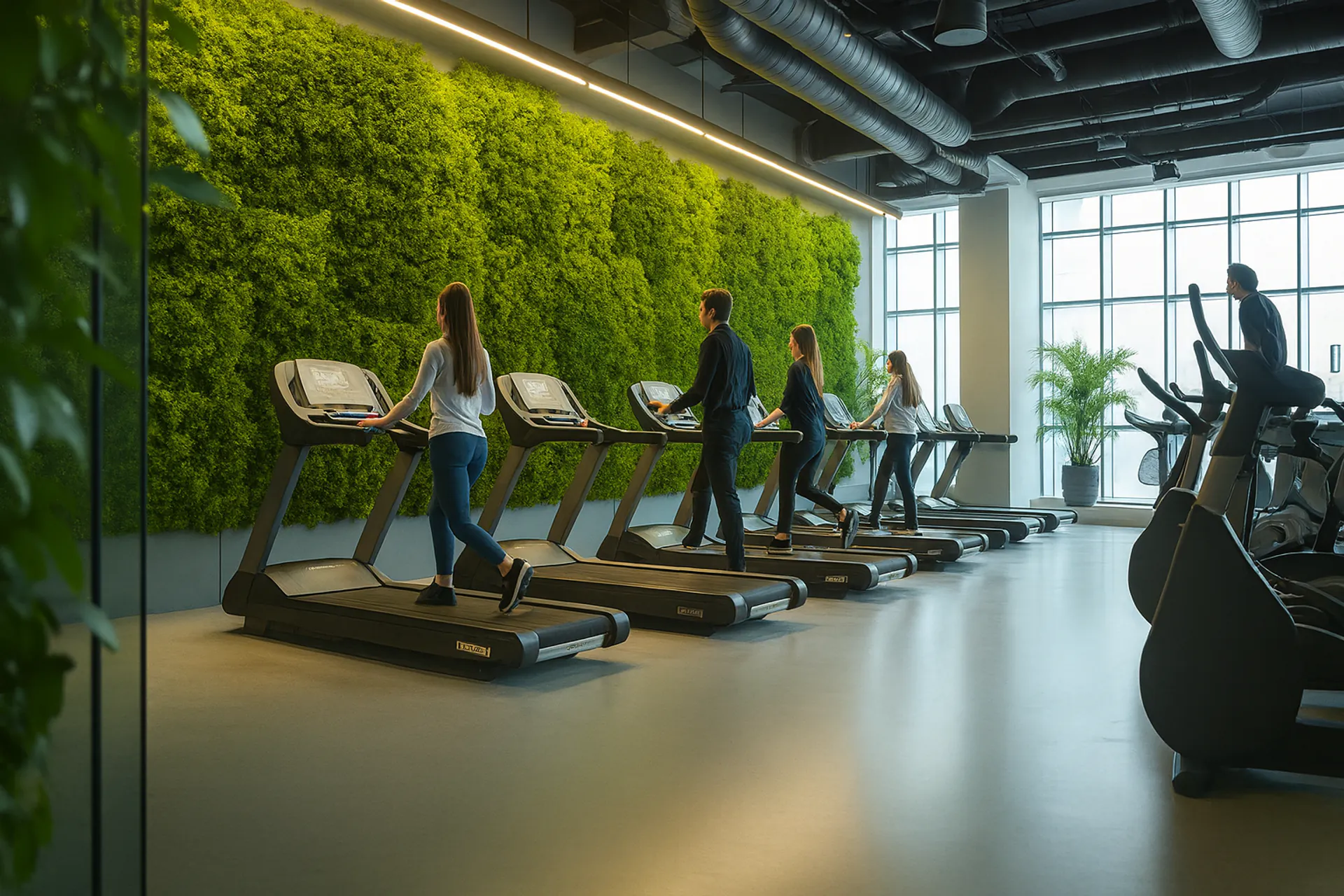Gimnasio Mooswand, zona de entrenamiento cardiovascular — Paredes vegetales de MOOSMOOS