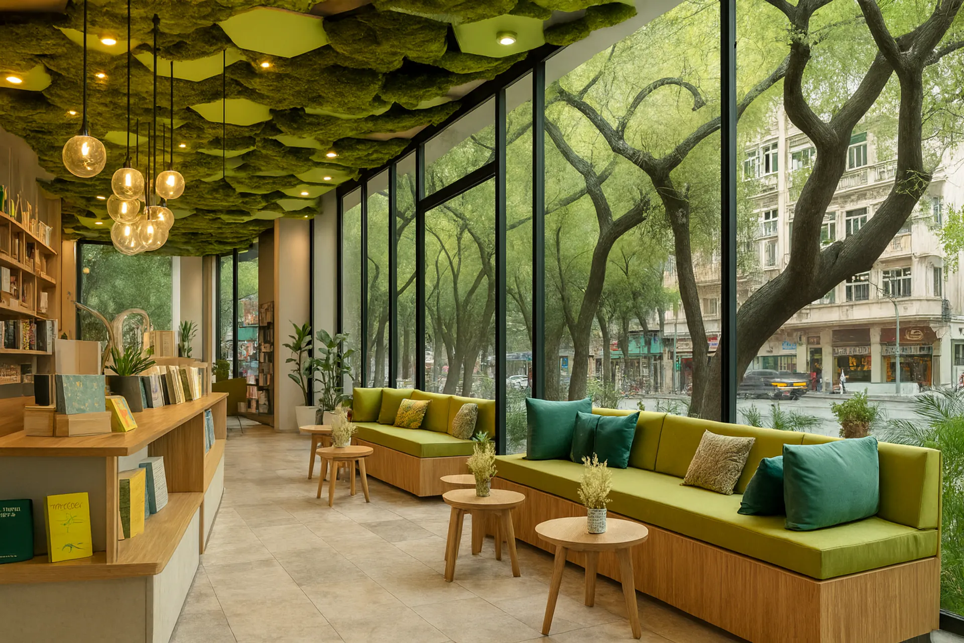 techo de musgo para salón y librería: manta vegetal moderna — Mantas vegetales de MOOSMOOS