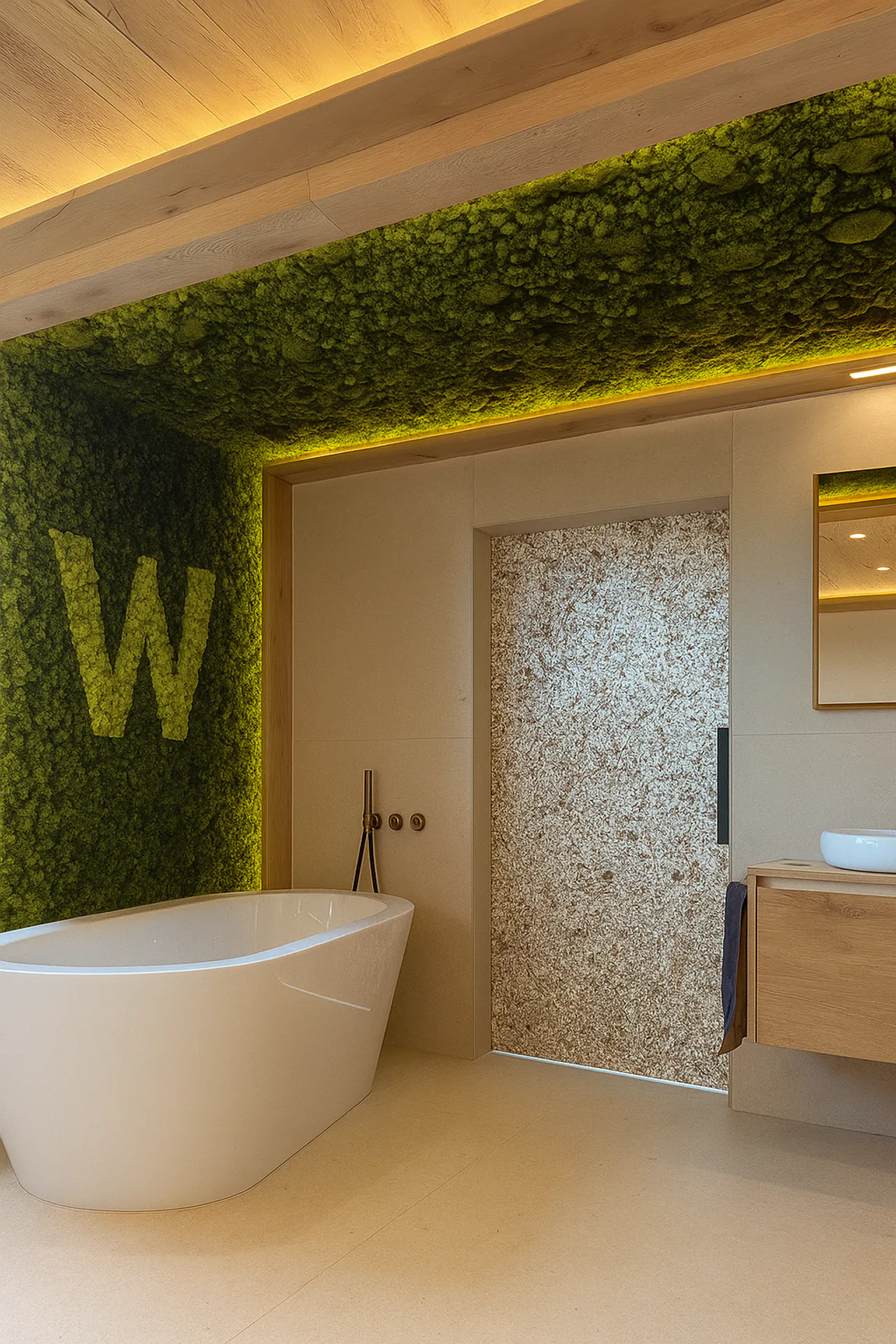 Pared de musgo para el cuarto de baño de un hotel de lujo — Decoración vegetal para paredes de MOOSMOOS