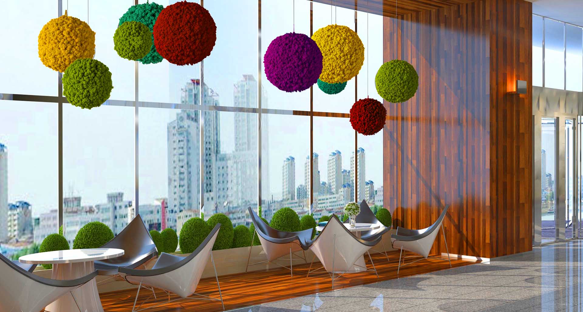 Bolas colgantes de musgo islandes en lobby