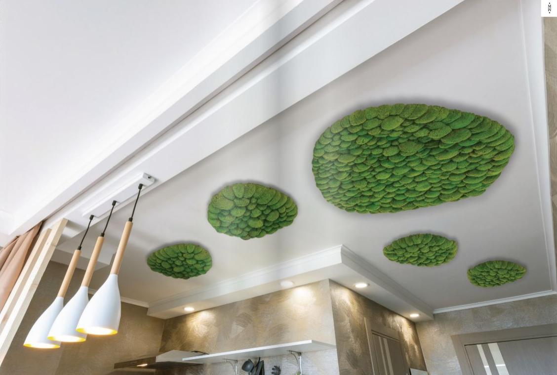 5 organisch geformte Akustik Panels aus wiesengrünem Ballenmoos hängen an einer Küchendecke